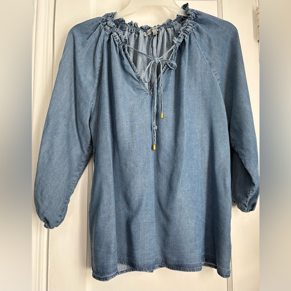 Alex & Parker Chambray Denim Tie-Neck Blouse with Balloon Sleeves, size: Large